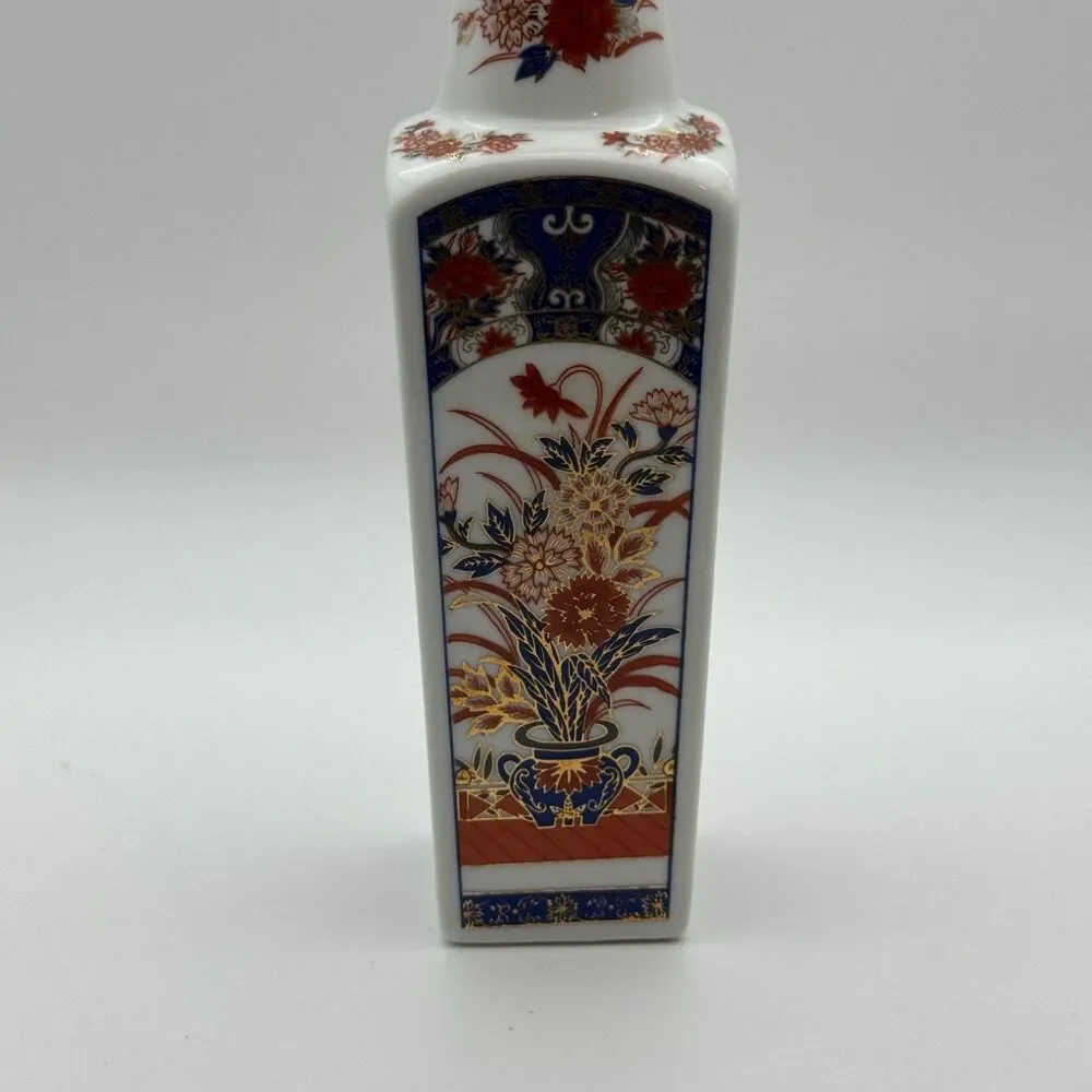 Imari Style Porcelain Bud Vase Square Floral Gold Gilt Blue Orange 8